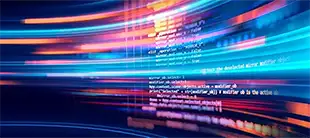 Streams of data and code representing the Data Leadership: AI, Cloud & Governance course