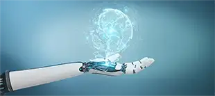 Robotic hand holding a glowing sphere, representing Applied Agentic AI for Organizational Transformation