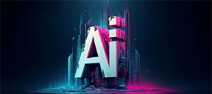Futuristic AI cityscape with large AI letters