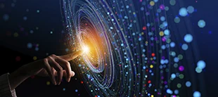 Hand touching a glowing digital interface with swirling data streams